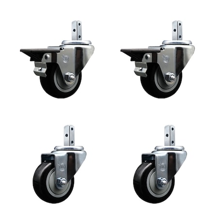 Service Caster 3'' Black Polyurethane Wheel Swivel 3/4'' Square Stem Caster Set 2 Brakes, 4PK SCC-SQ20S314-PPUB-BLK-PLB-34-2-S-2